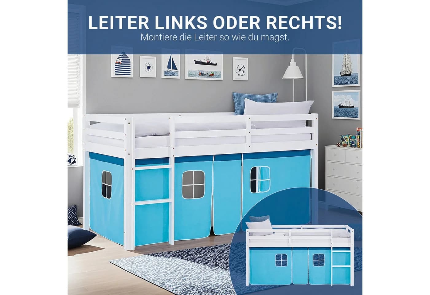 Homestyle4u Hochbett 90x200 Piratendesign Kinderbett Holz Weiß Blau