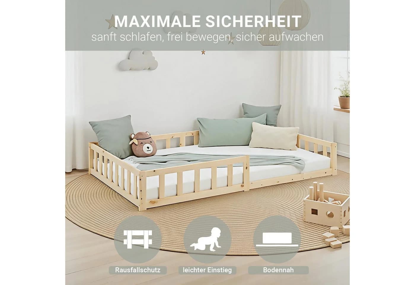 Homestyle4u Kinderbett Bodenbett Weiß Natur Massivholz Komplettset