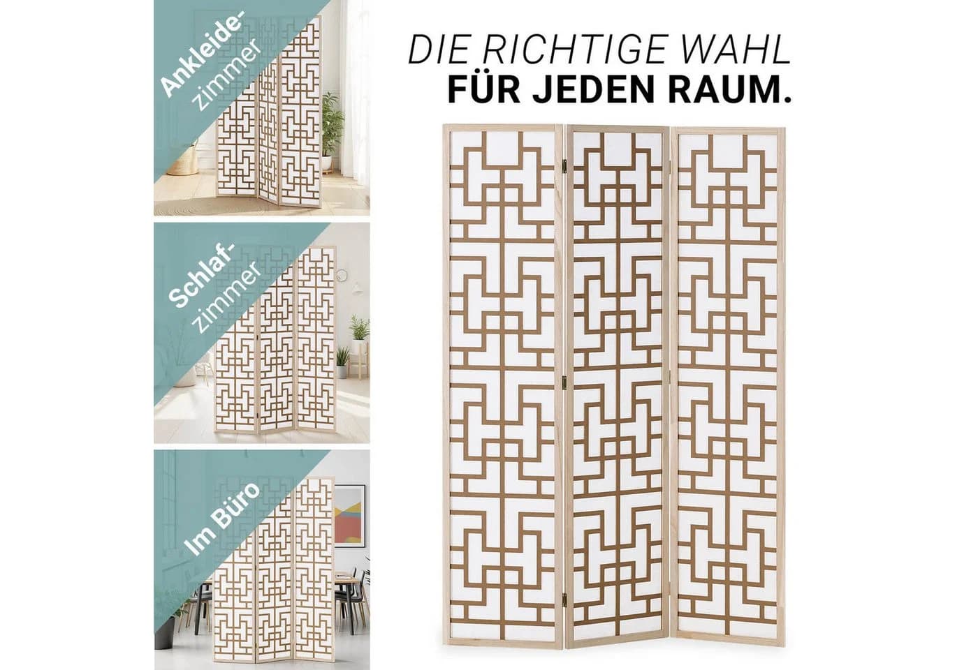 Homestyle4u Paravent Raumteiler Holz Shoji Trennwand Natur Sichtschutz Indoor faltbar (3-teilig) Braun