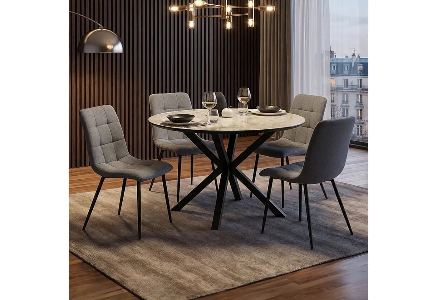 Homestyle4u Essgruppe 5-tlg. Rund Ø110cm Grau Metall Steinoptik