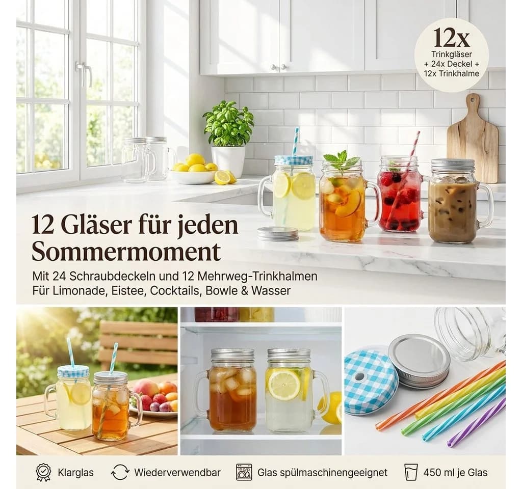 gouveo Gläser-Set 12-tlg. Trinkgläser 450 ml mit Schraubdeckel blau/silber