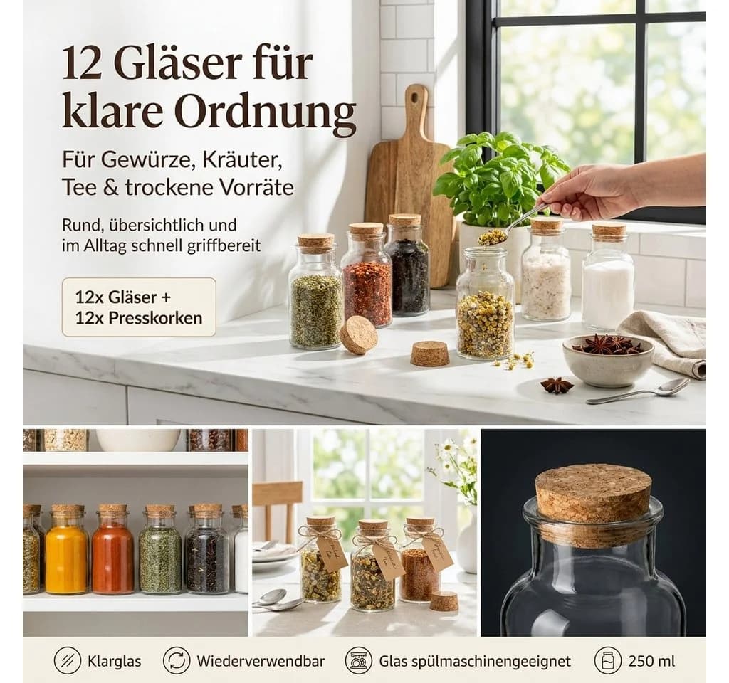 Gouveo Gewürzgläser rund mit Korken - Leere Korkengläser 30 - 500 ml, (24-tlg., 125 ml)