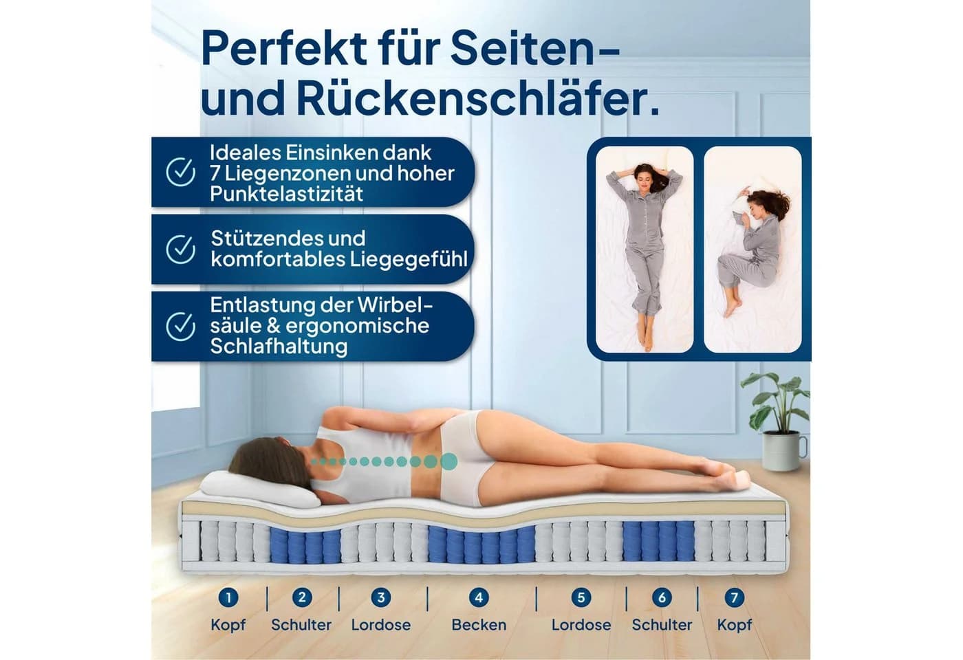 AM Qualitätsmatratzen Taschenfederkernmatratze 7-Zonen mit Latex