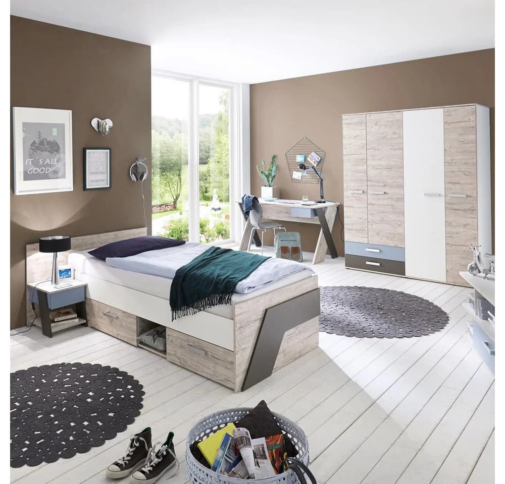 Lomadox Jugendzimmer-Set LEEDS-10 Sandeiche/Weiß/Blau