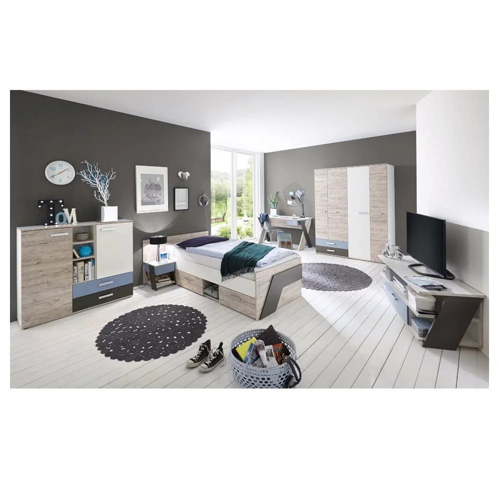 Lomadox Jugendzimmer-Set LEEDS-10 6-tlg. Sandeiche/Weiß/Blau