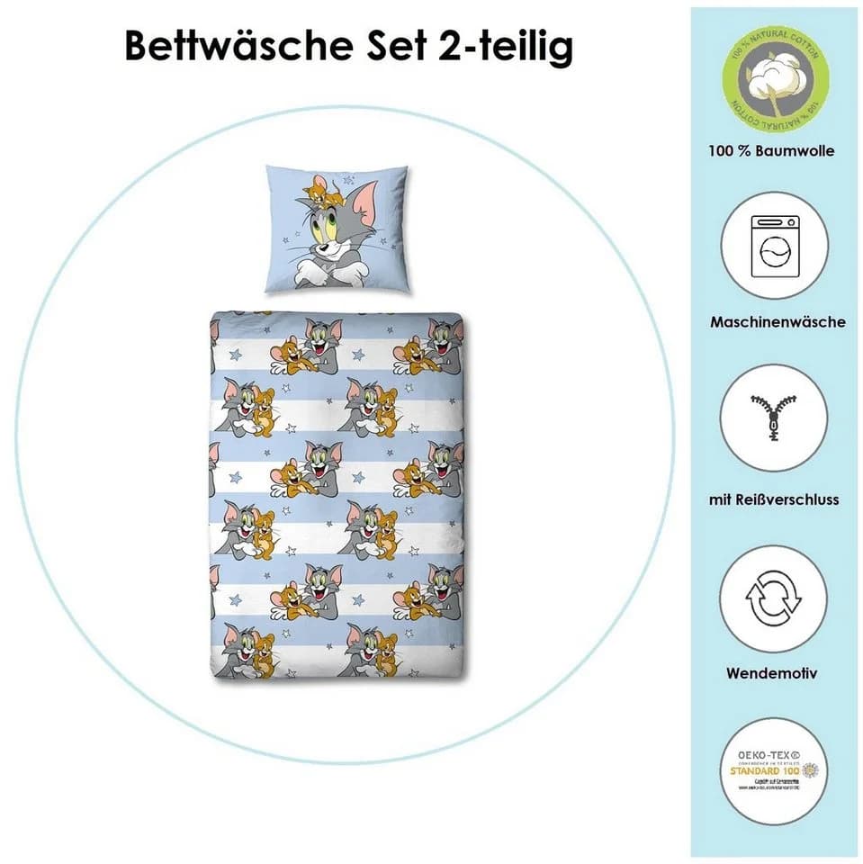 Familando Kinderbettwäsche Tom & Jerry Mäusejagd 135x200 + 80x80 cm Baumwolle