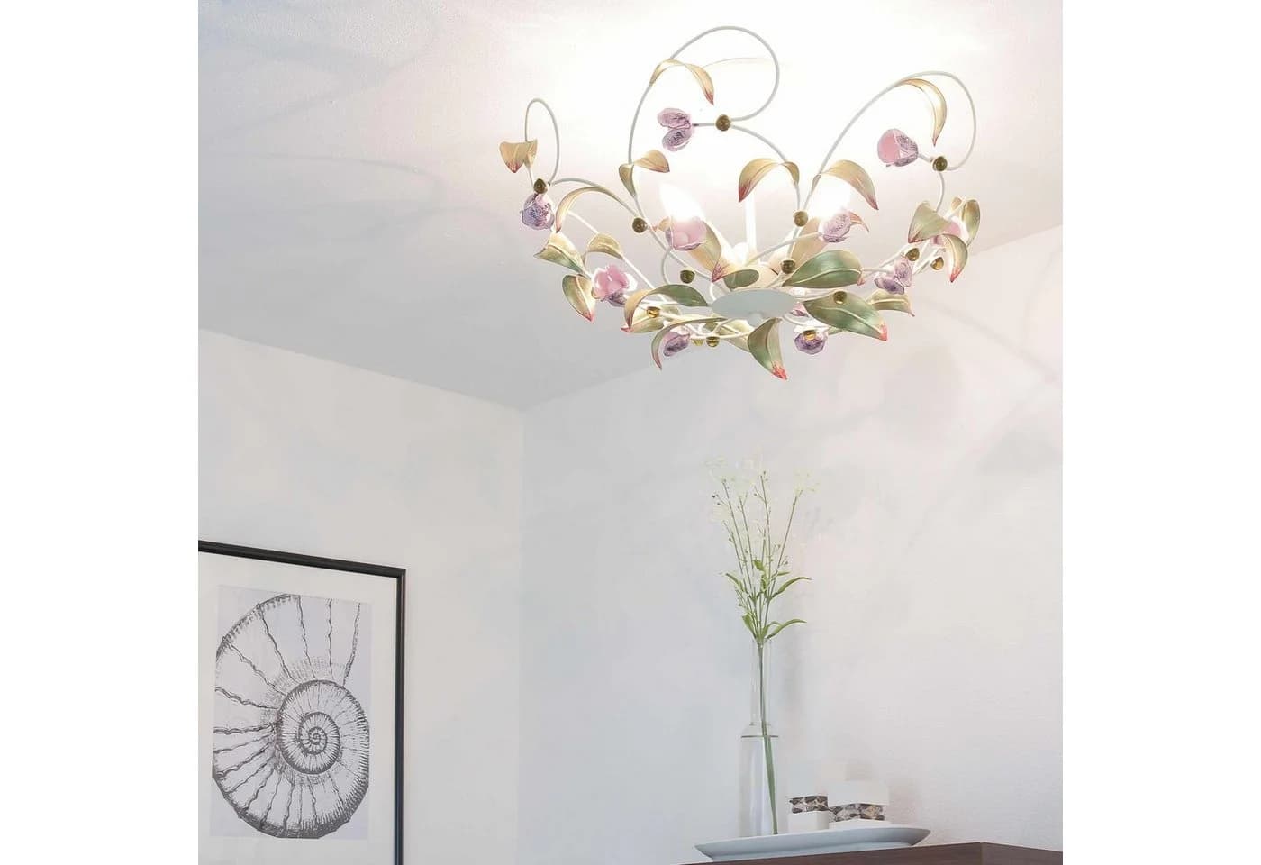 Licht-Erlebnisse Deckenleuchte ROSE Weiß/Rosa Metall Glas Floral