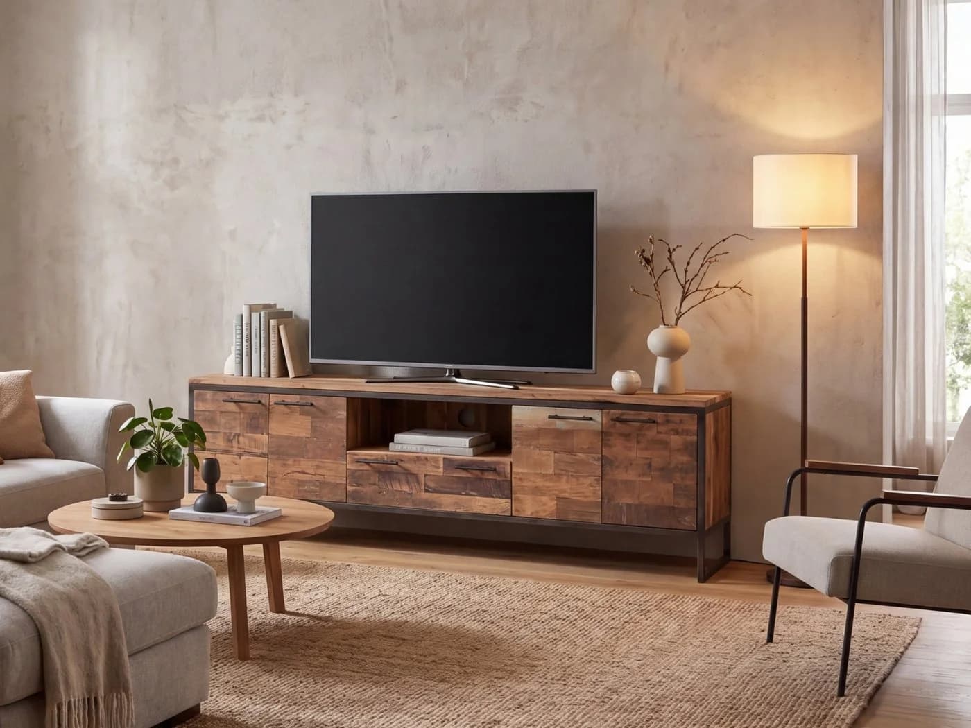 massivum Lowboard Bristol TV-Bank Massivholz Metall Braun