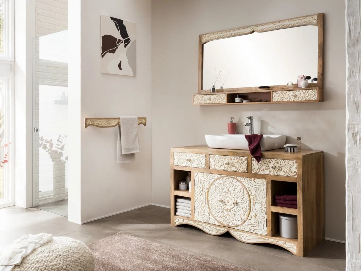 massivum Badspiegel Delhi 130cm mit Schubladen und Ablage