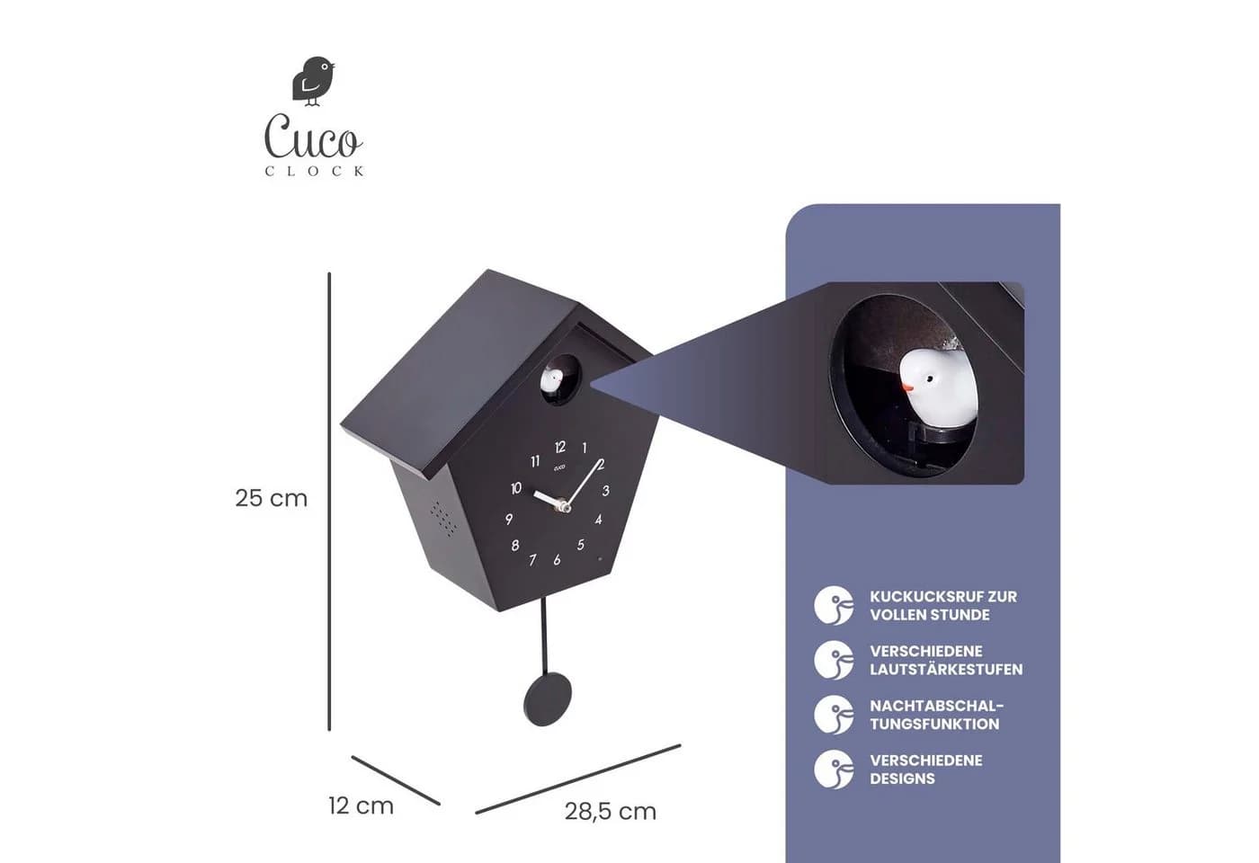 Cuco Clock Kuckucksuhr Modern Schwarz/Weiß mit Lichtsensor