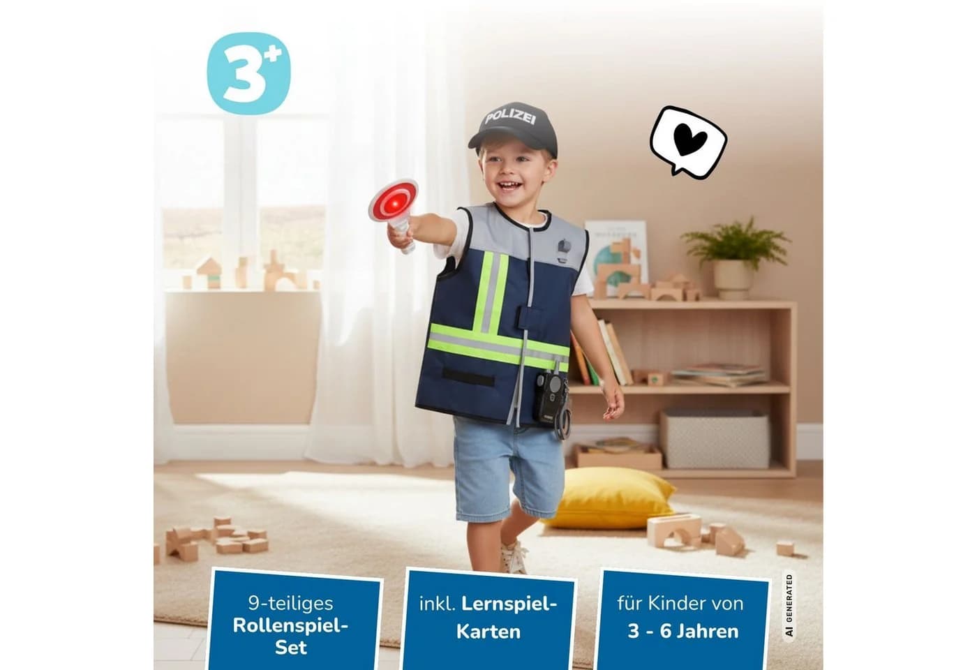 alldoro Polizei-Rollenspielset 9-teilig mit Weste, Cap & Lernkarten