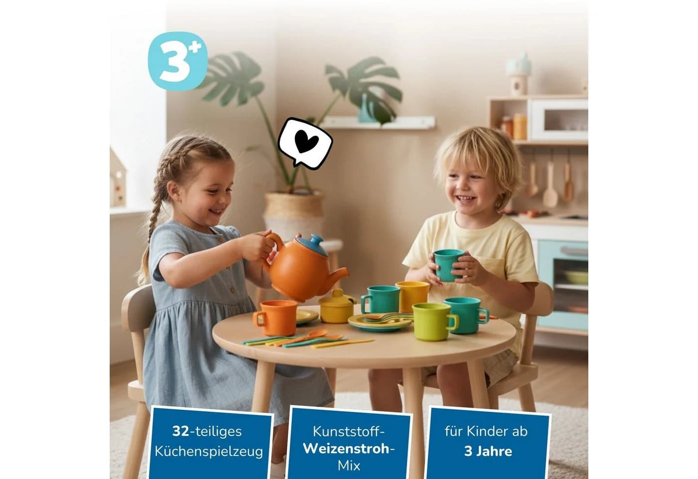 alldoro Kinderküchen Teeservice 32-teilig Kunststoff-Weizenstroh-Mix