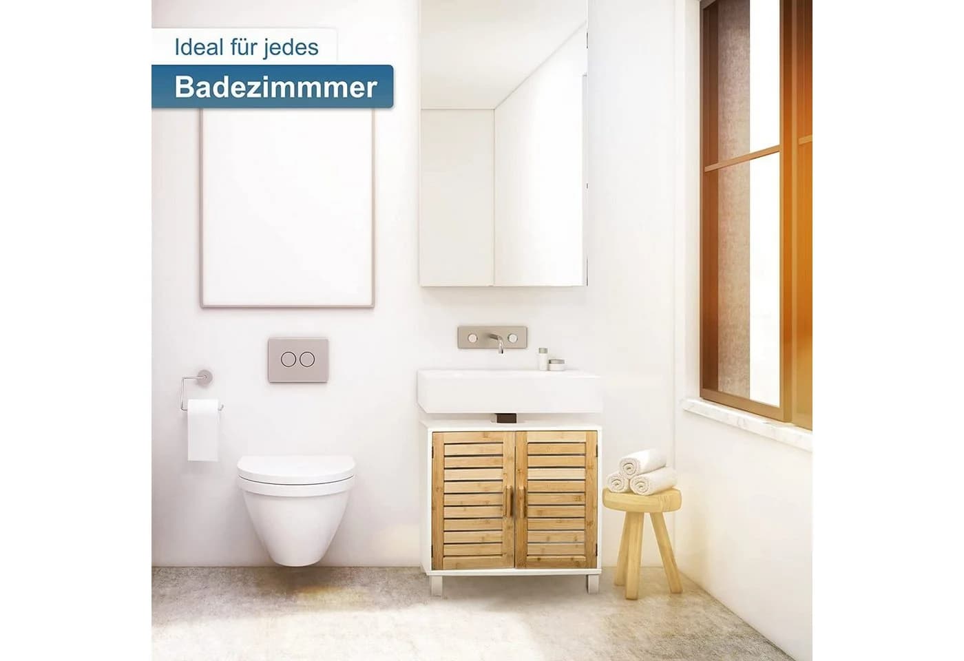 osoltus Bad Waschbecken Unterschrank Kopenhagen Bambus Holz Weiß