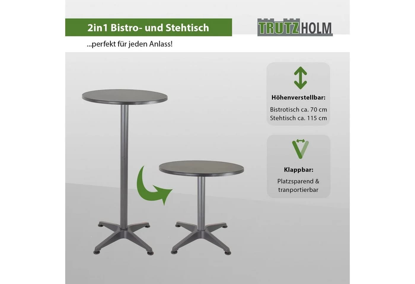 TRUTZHOLM 2in1 Bistro- und Stehtisch Anthrazit Aluminium Klappbar