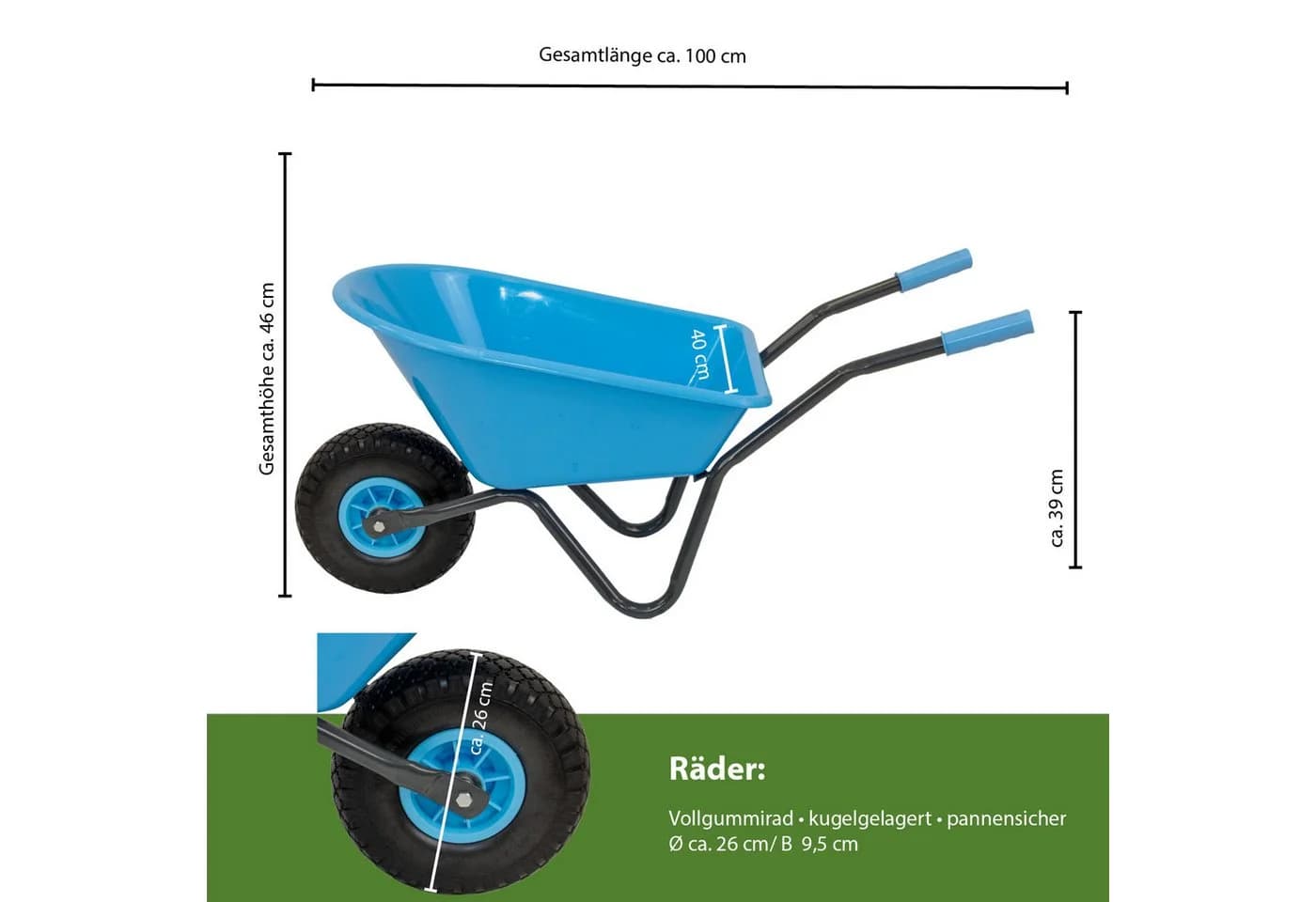 TRUTZHOLM Kinderschubkarre Uni 40kg Kunststoffwanne in Rot Grün Schwarz Blau