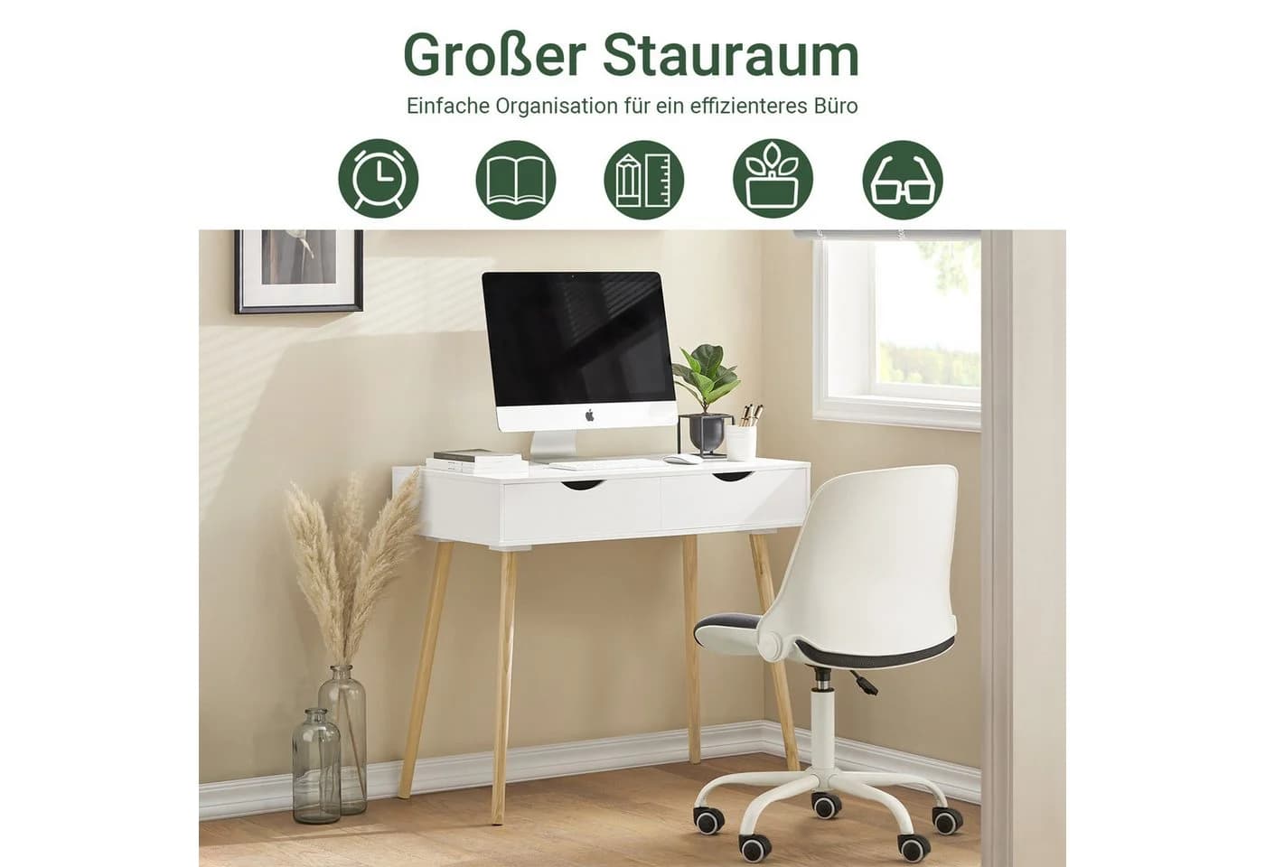 SoBuy Eckschreibtisch FWT40 Weiß-Natur mit 2 Schubladen
