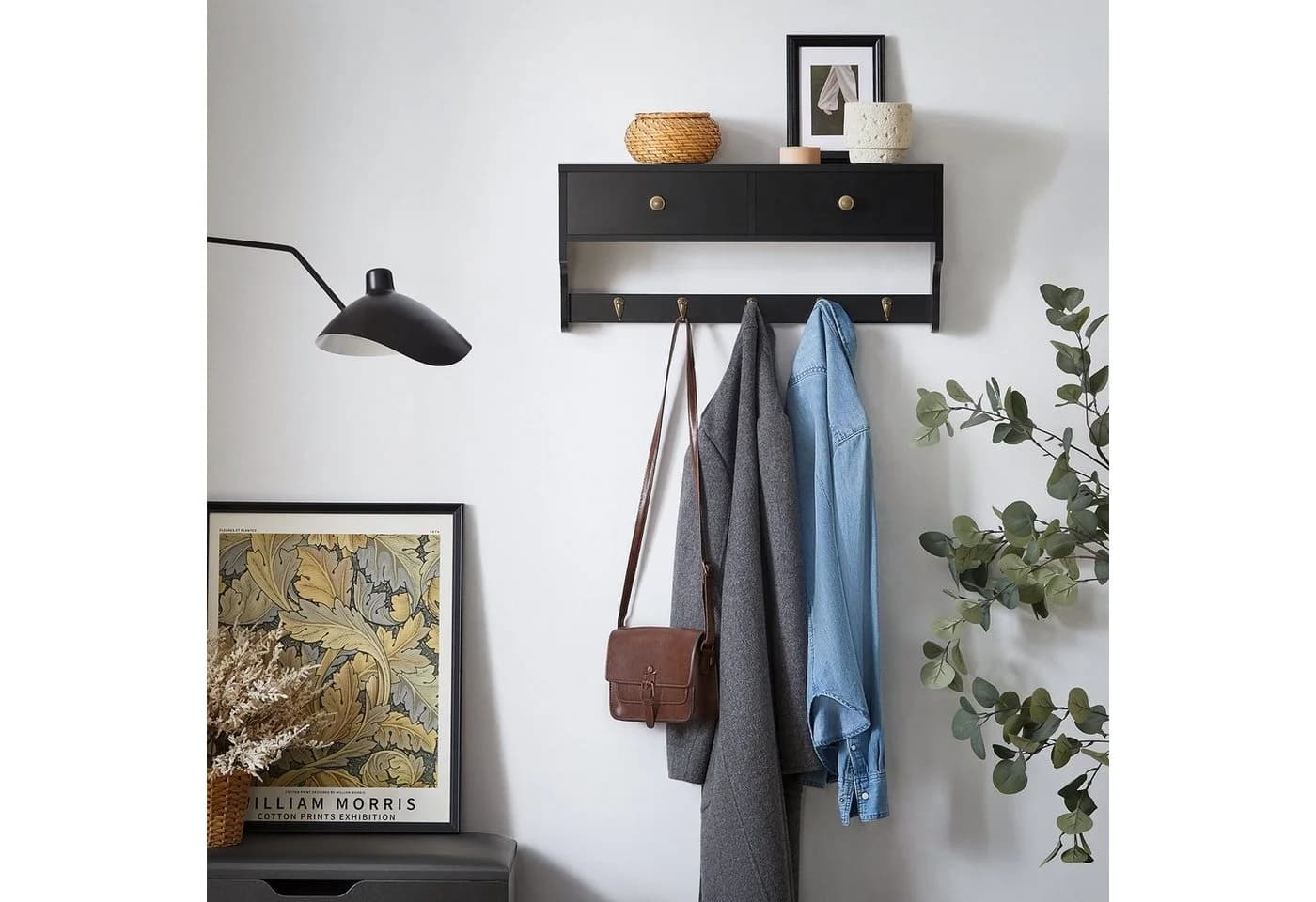 SoBuy Wandgarderobe FRG178 Schwarz mit 2 Schubladen und 5 Haken