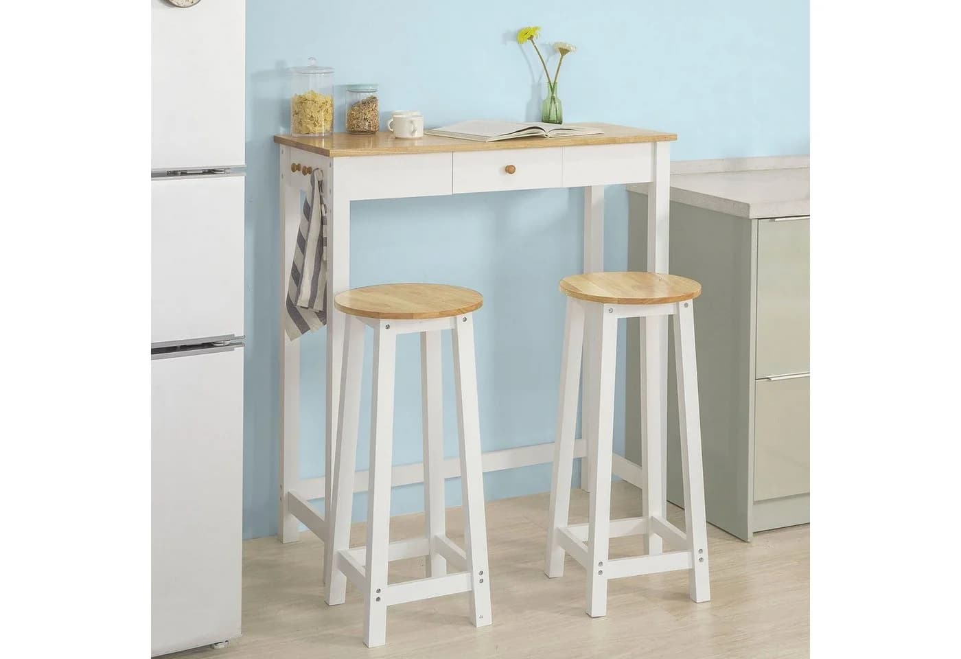SoBuy Bartisch FWT50 3-teilig mit 2 Hockern Natur/Weiß