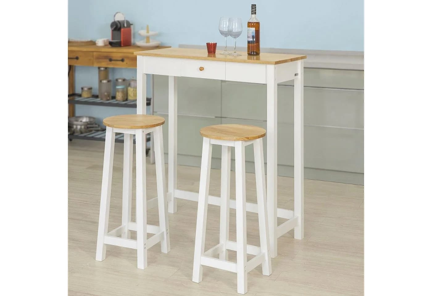 SoBuy Bartisch FWT50 3-teilig Weiß-Natur mit 2 Hockern