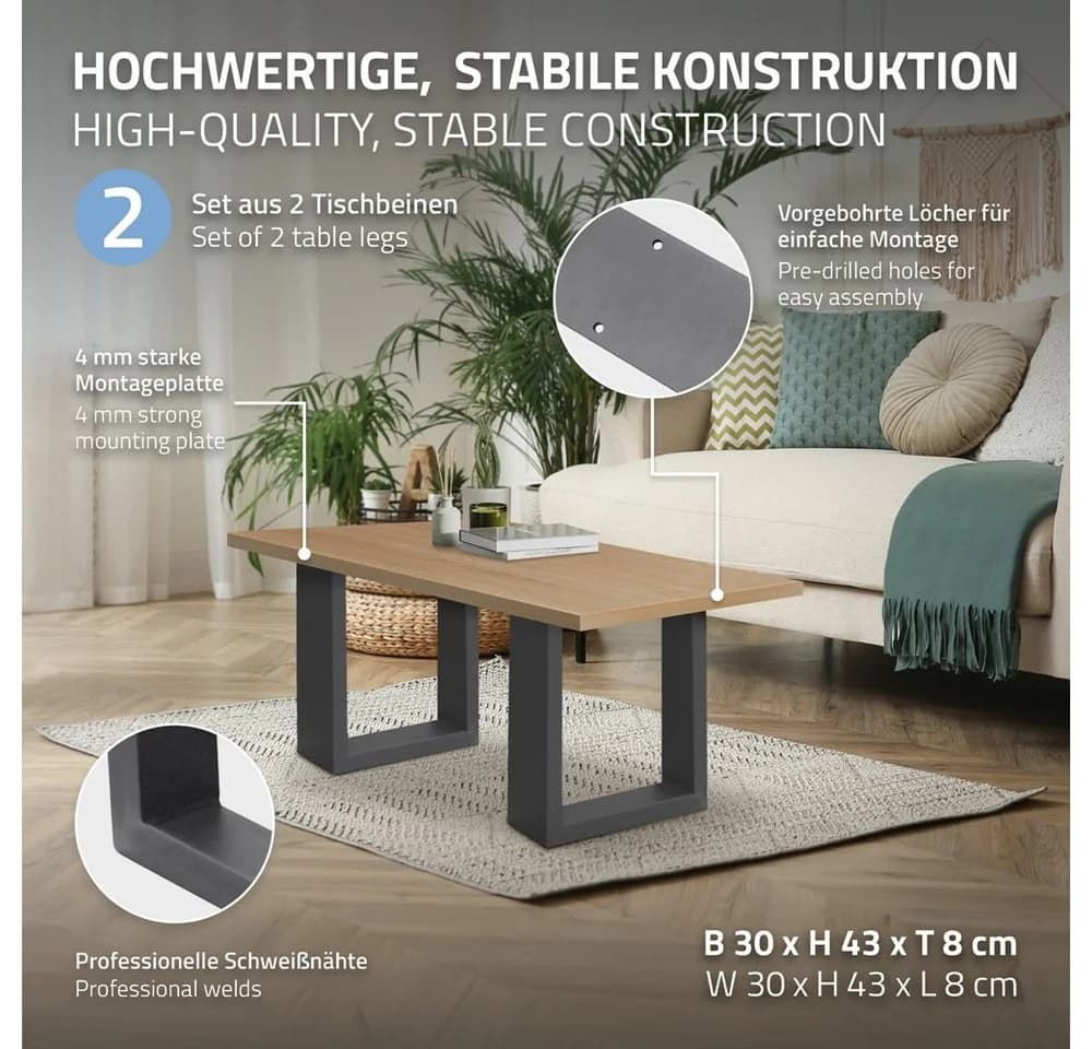 ECD Germany Tischbein 2x Tischkufen aus Vierkantprofilen aus pulverbeschichtetem Stahl, Tischgestell Bankkufen modernes Industriedesign Möbelfüße aus Metall