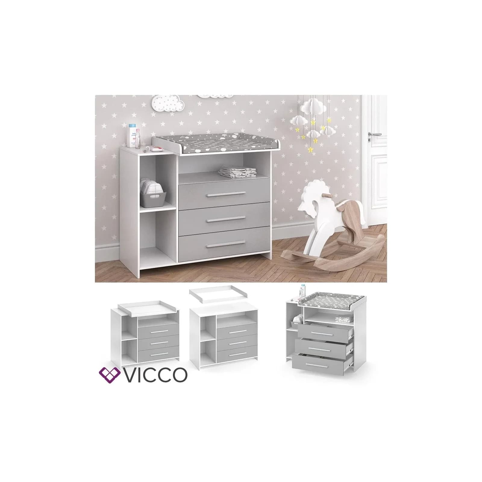 Vicco Wickelkommode Oskar Weiß/Grau mit 3 Schubladen