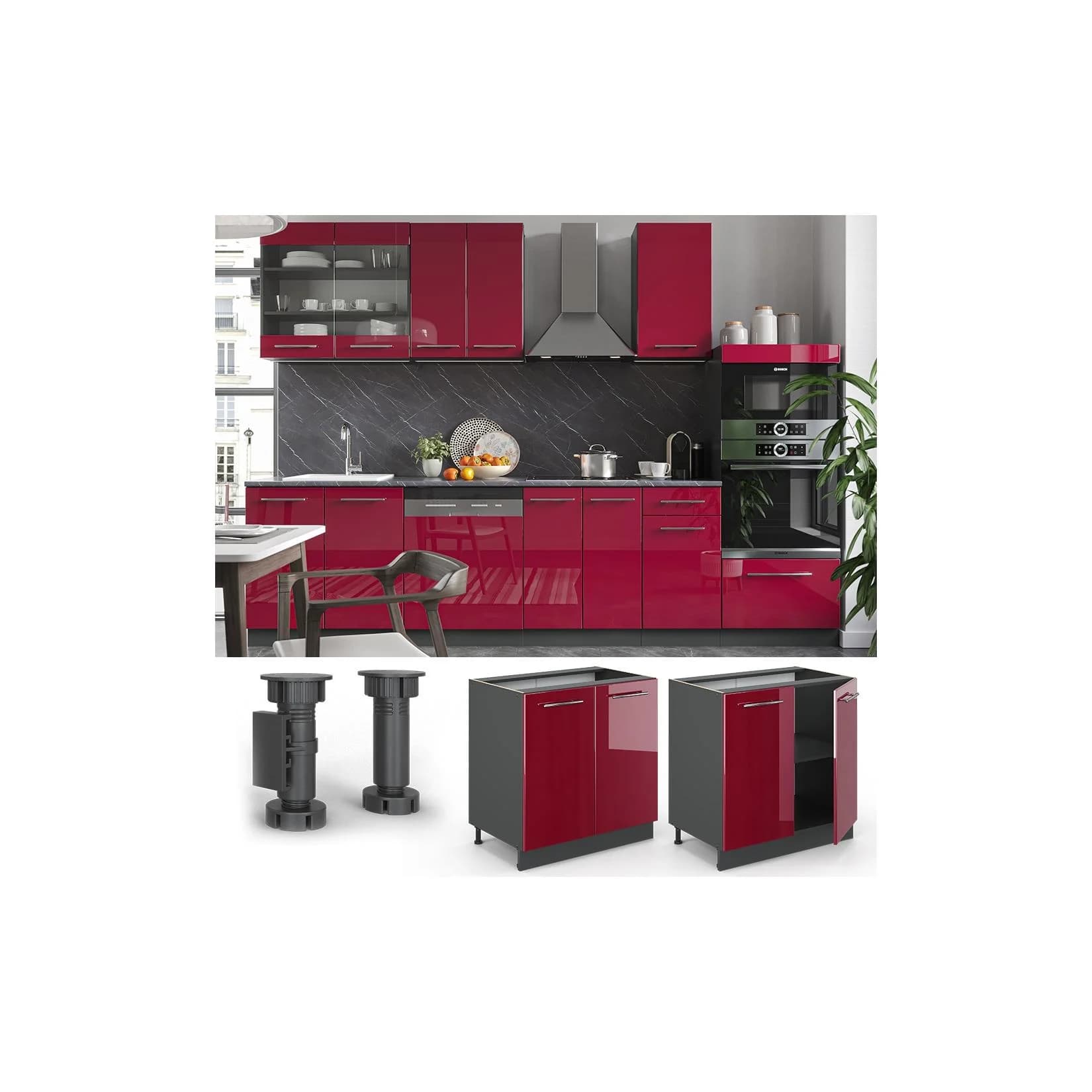 VICCO Spülenunterschrank Fame-Line Bordeaux Hochglanz Anthrazit 80 cm