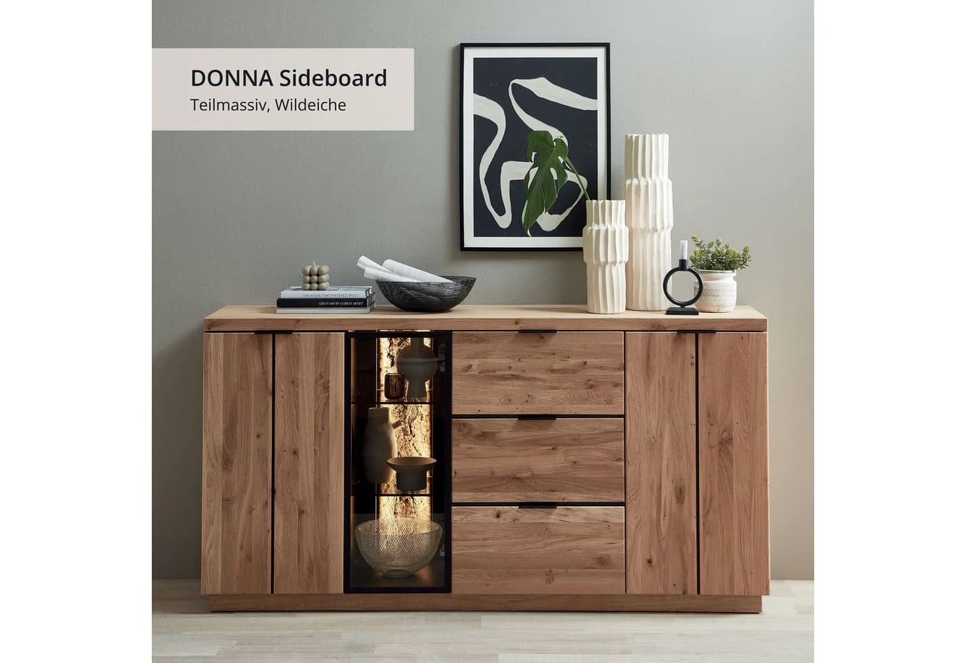Innostyle Donna Sideboard Wildeiche Bianco Anthrazit 3-türig 3 Schubladen