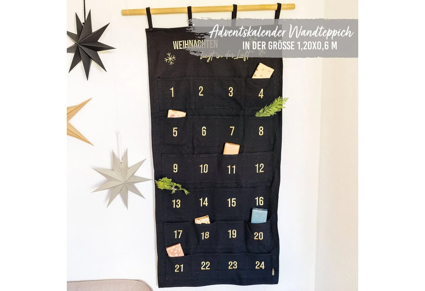 PAPIERDRACHEN Befüllbarer Adventskalender Wandteppich aus Stoff