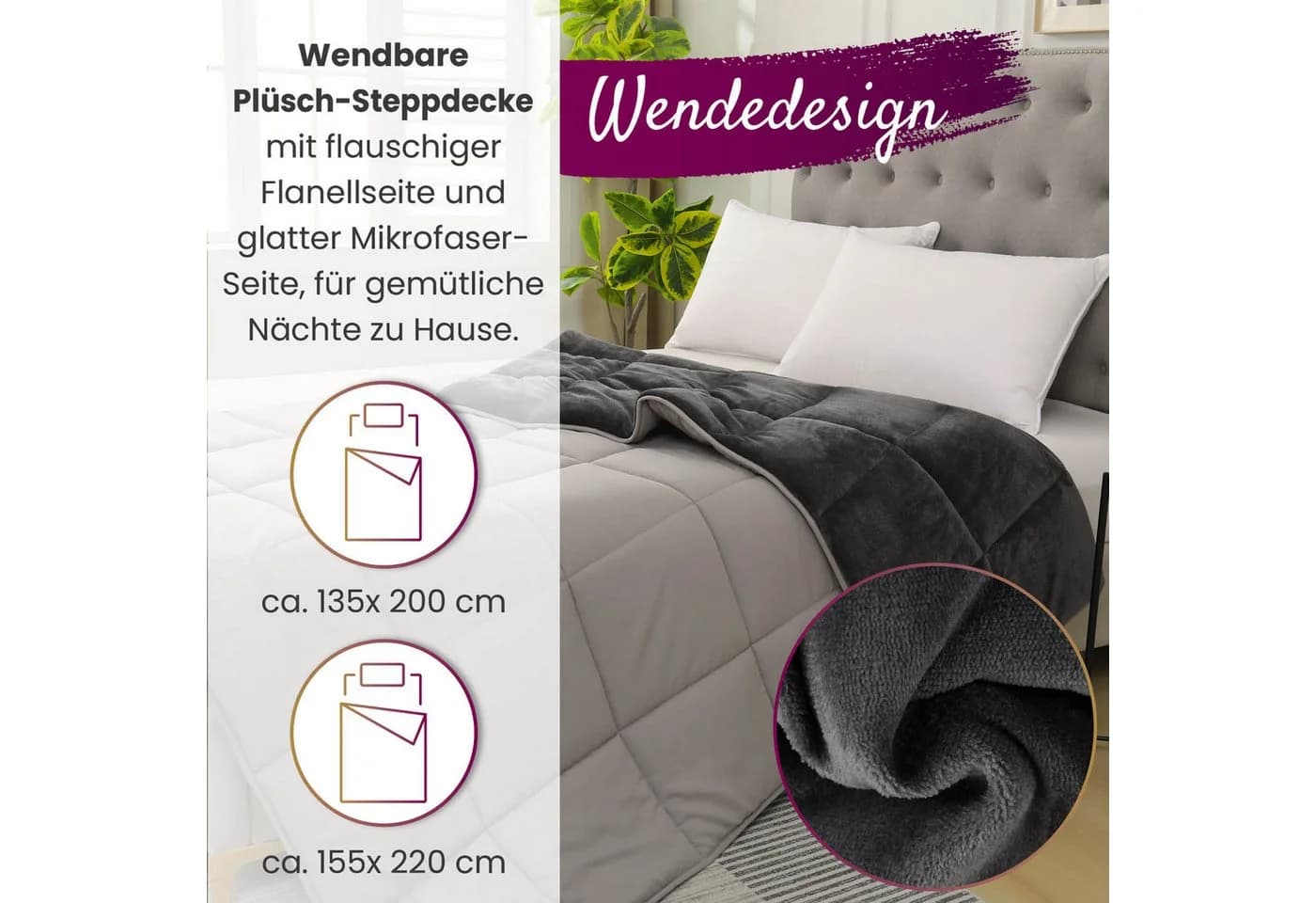 wometo Microfaserbettdecke Plüsch Steppbett Bi-Color Grau
