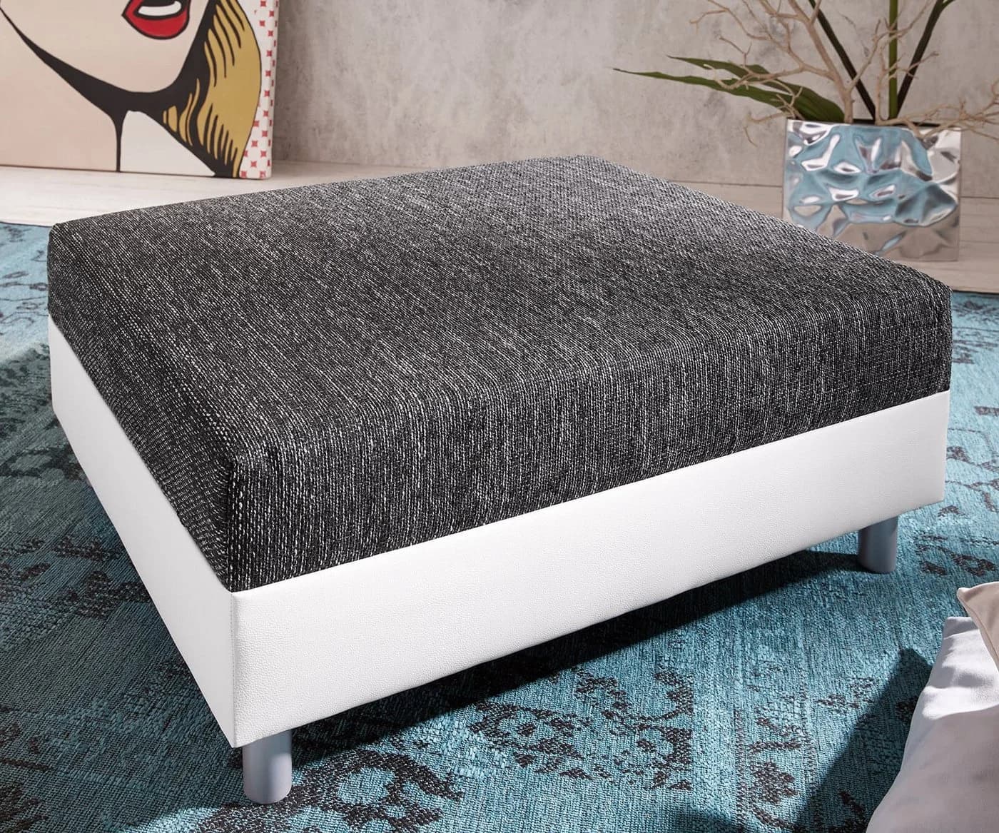 DELIFE Hocker Clovis Schwarz Weiß Kunstleder Strukturstoff