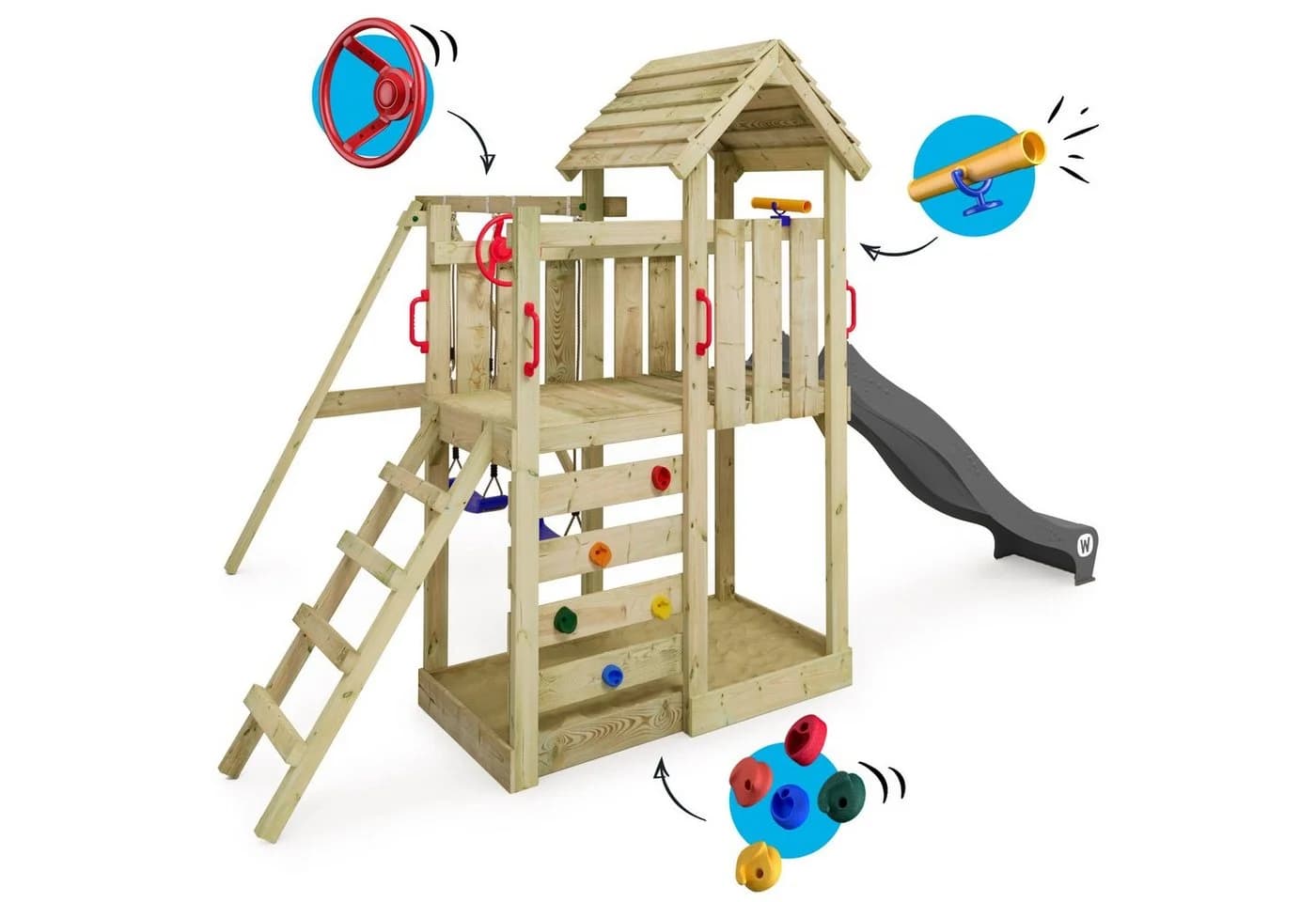 Wickey Spielturm MultiFlyer mit Holzdach, Doppelschaukel & Rutsche