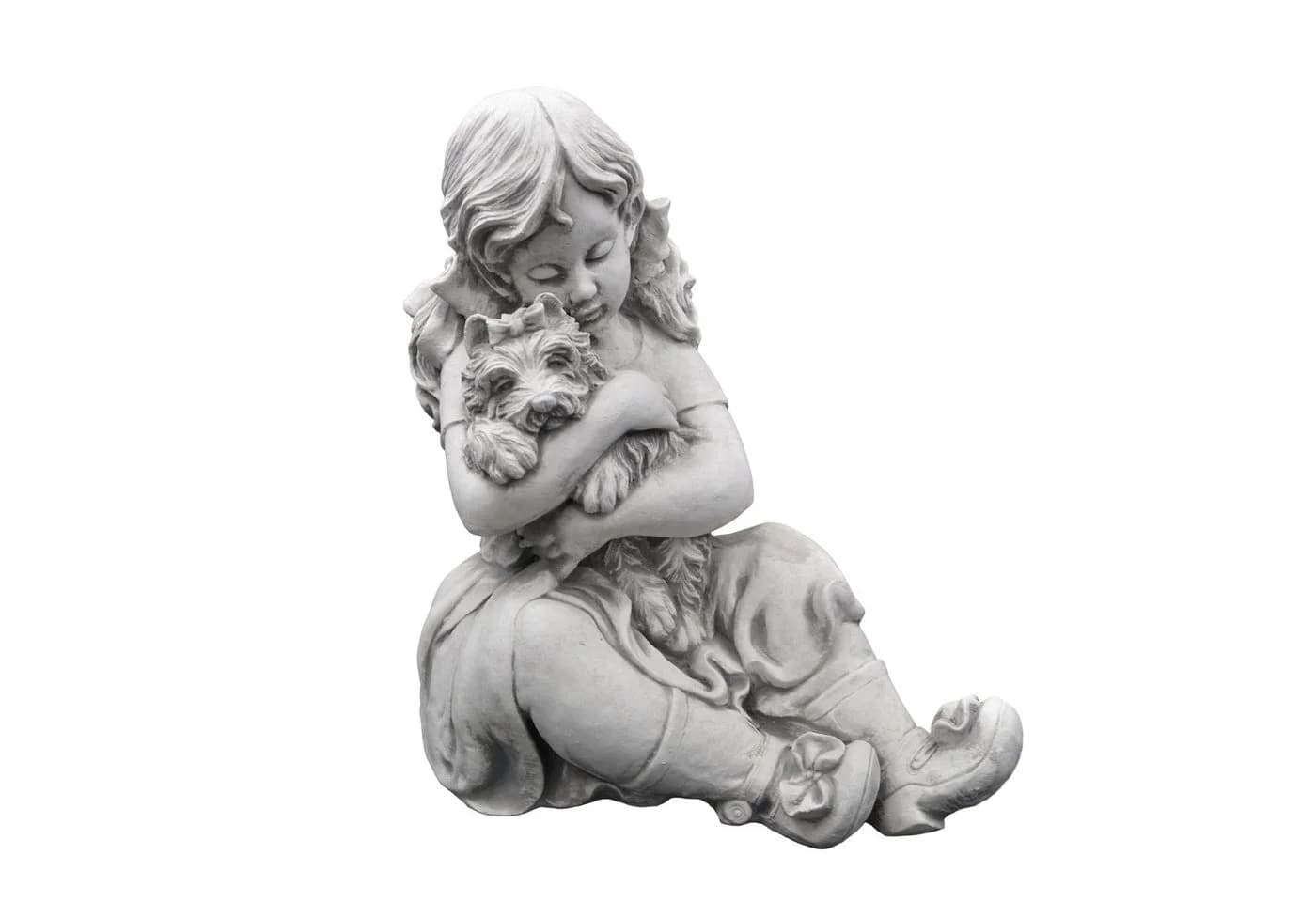 gartendekoparadies.de Gartenfigur Kleines Mädchen mit Hund Grau Stein