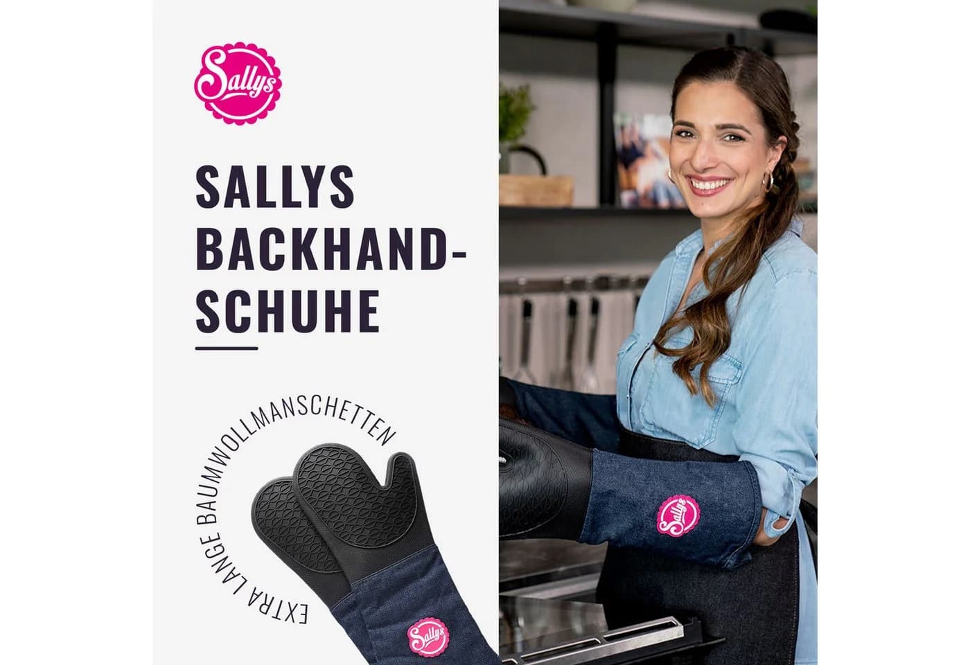 Sallys Topfhandschuhe Backhandschuhe, lange Baumwollmanschetten bis 230 °C, Zweifach vernäht, Für Rechts- und Linkshänder geeignet