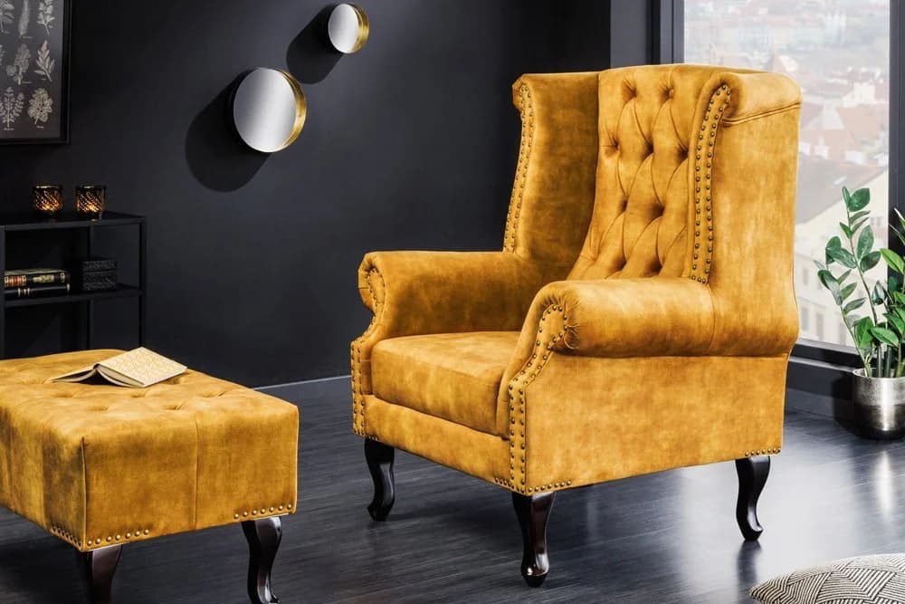 riess-ambiente Ohrensessel Chesterfield Senfgelb Samt Holz