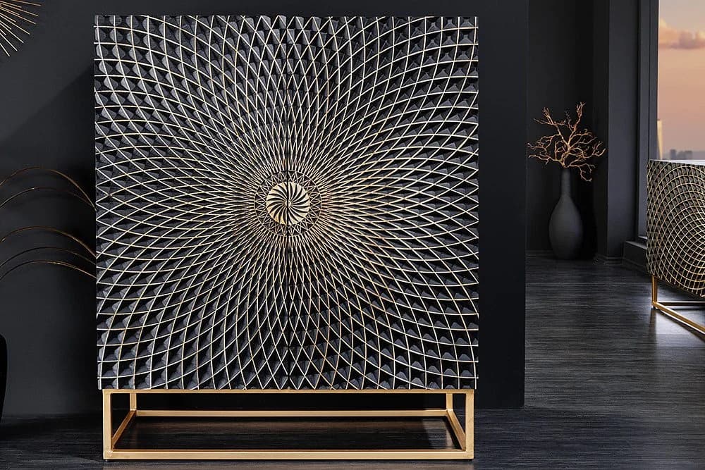 riess-ambiente Highboard ILLUSION 120cm Schwarz/Gold 3D Schnitzereien