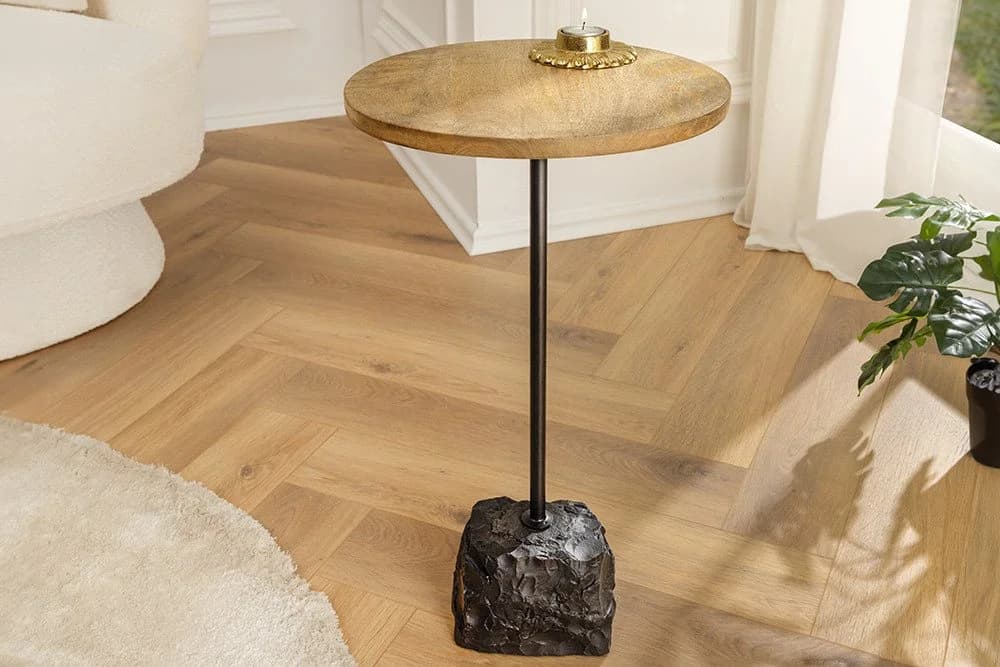 riess-ambiente Beistelltisch TRAYFUL 55cm Natur / Schwarz Mangoholz Metallgestell Marmorfuß Rund