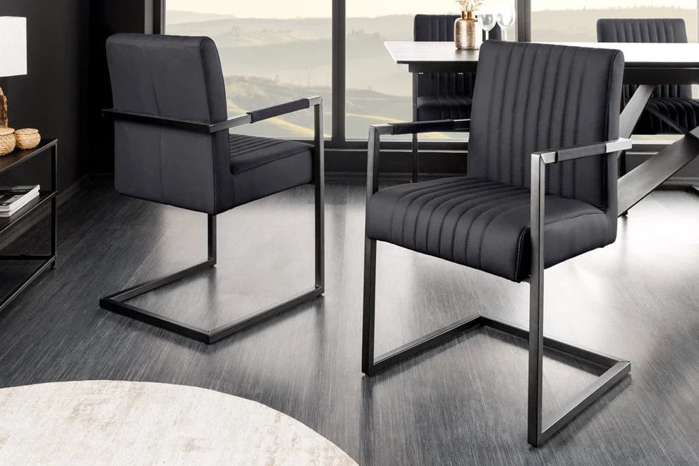 riess-ambiente Freischwinger BIG ASTON schwarz Echtleder Metall mit Armlehne