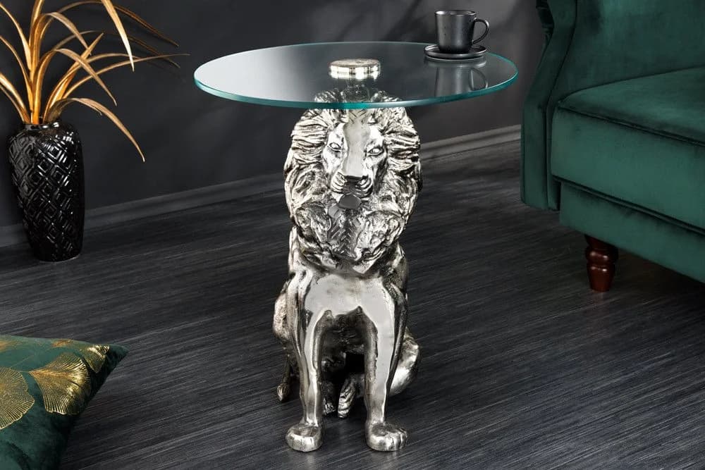 riess-ambiente Beistelltisch WILDLIFE LION 60cm silber antik mit Glasplatte