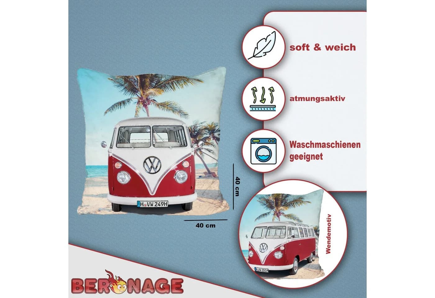 BERONAGE VW Bulli T1 Wendekissen Rot 40x40cm