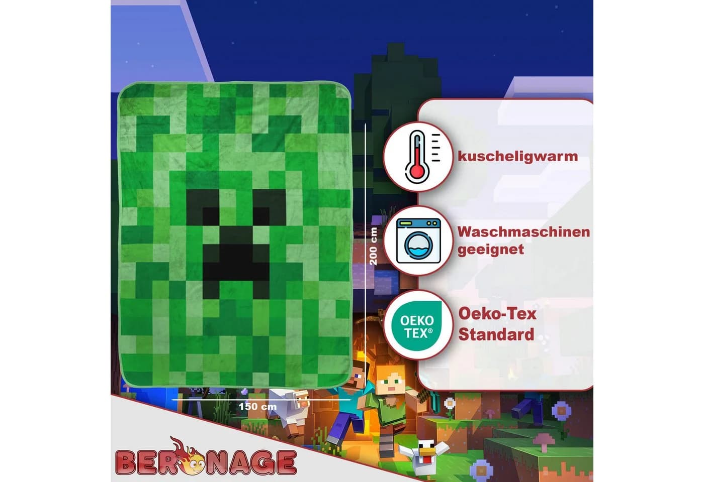 Minecraft Wohndecke Creeper 150x200 cm Kuscheldecke, BERONAGE