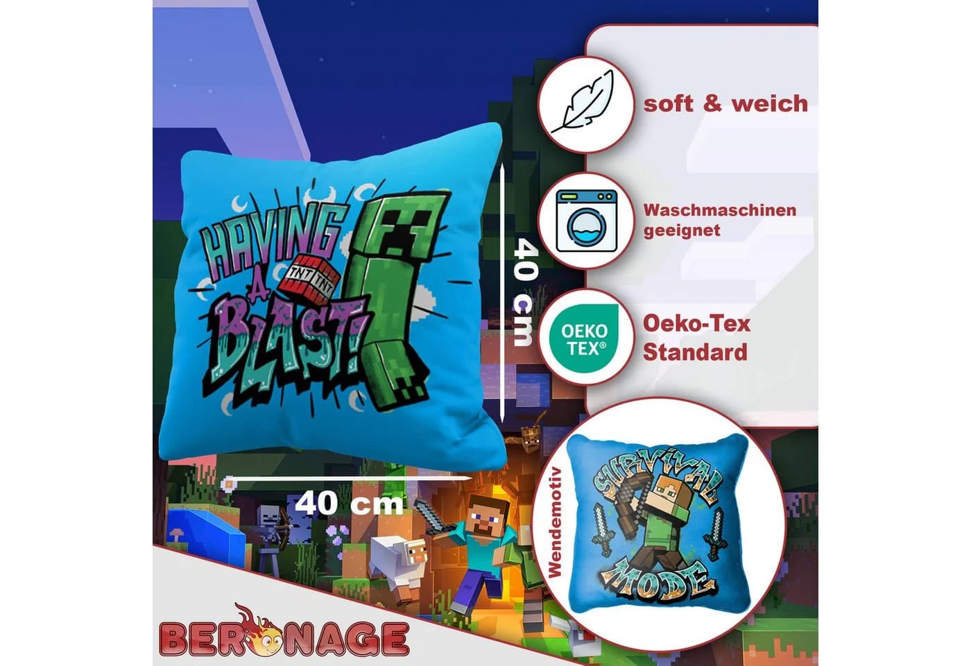 BERONAGE Minecraft Kuschelkissen Blast 40x40cm Creeper TNT