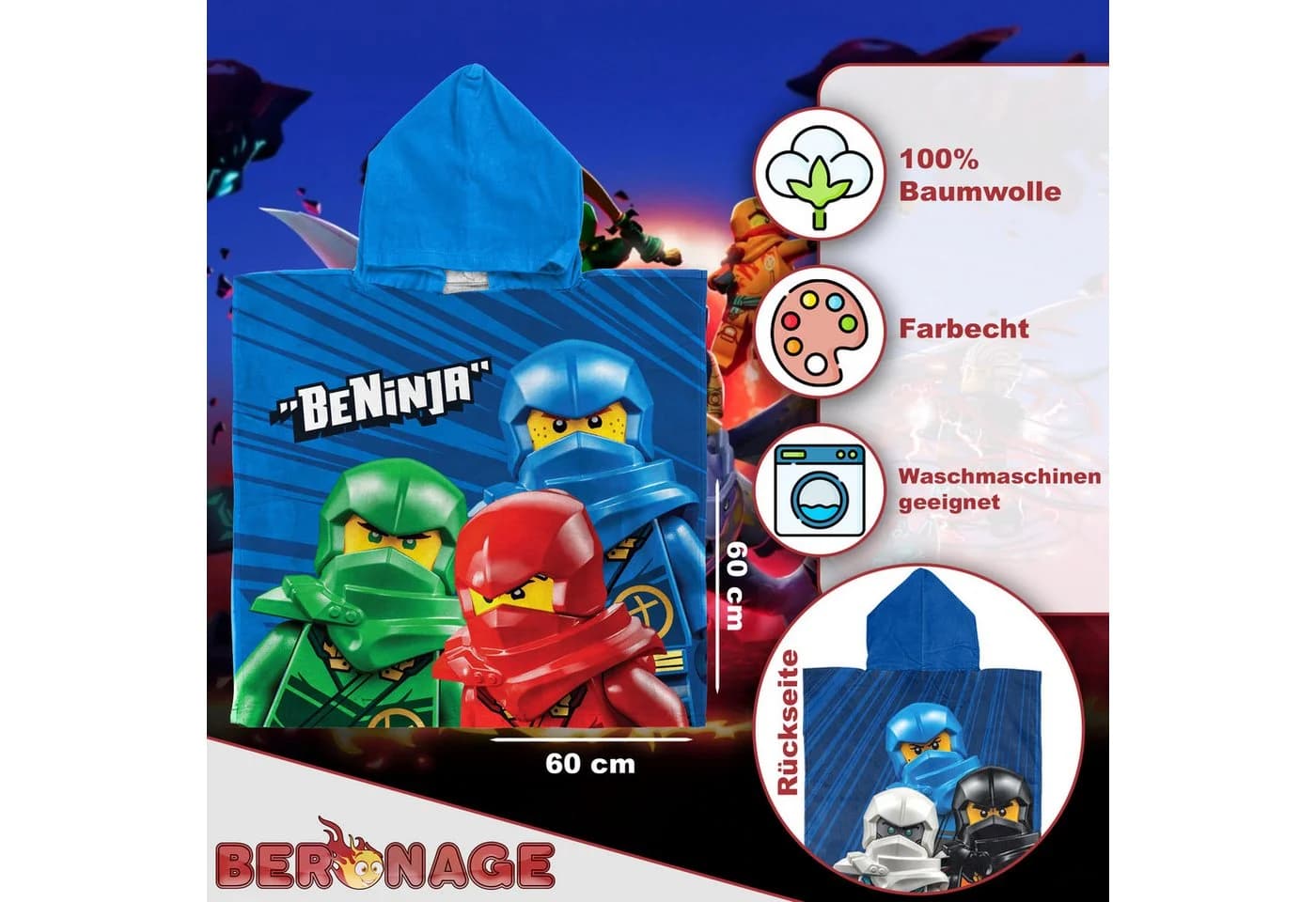 BERONAGE Kapuzenhandtuch LEGO Ninjago Kinder Bade-Poncho Blau