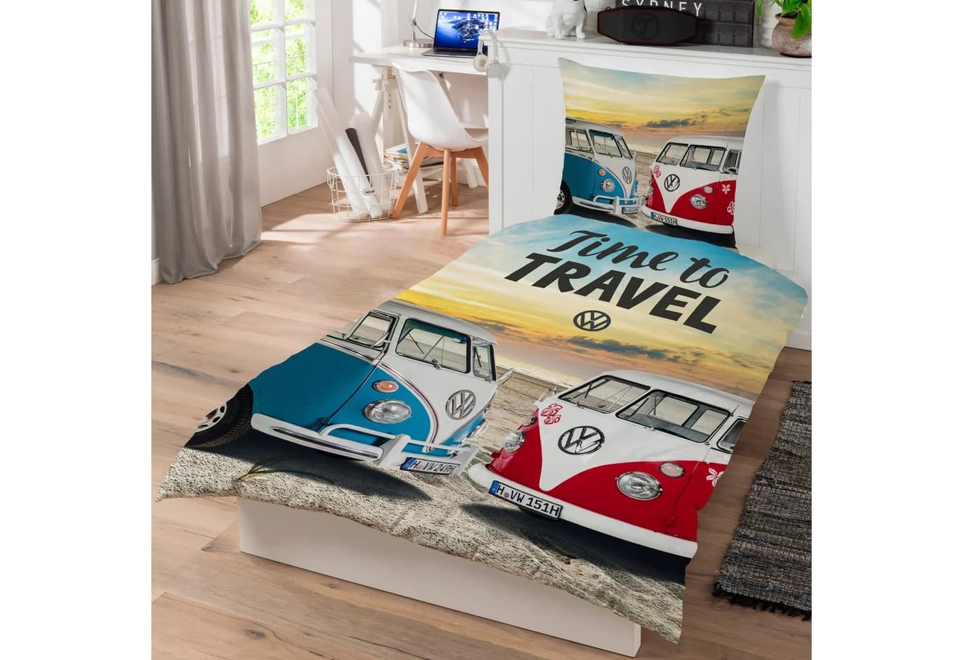 BERONAGE VW Bulli Bettwäsche Set 100% Baumwolle Retro Design