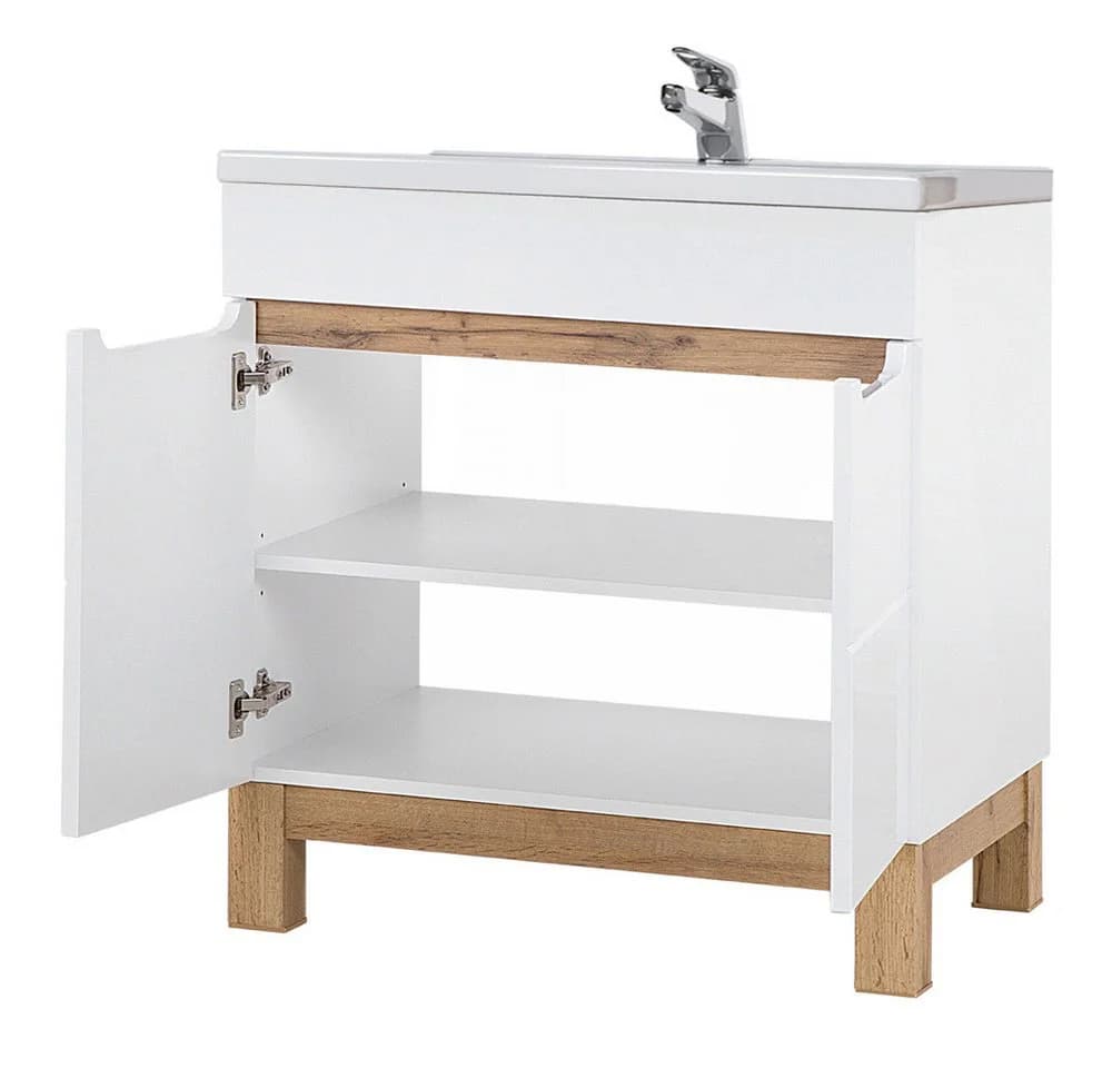Lomadox Waschbeckenschrank SOLNA-56 Waschtischunterschrank 80 cm Hochglanz Weiß mit Wotaneiche
