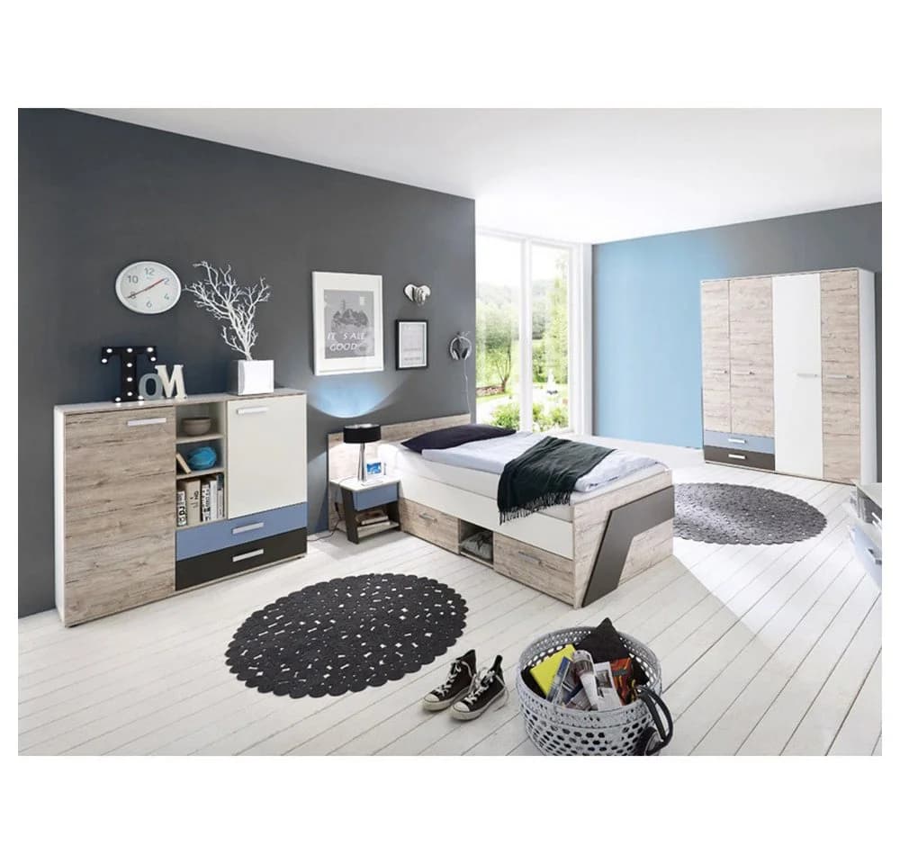 Lomadox Jugendzimmer-Set LEEDS-10 4-teilig Sandeiche/Weiß/Blau