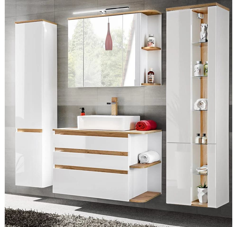 Lomadox Badmöbel-Set CAMPOS-56 Weiß Hochglanz 4-teilig