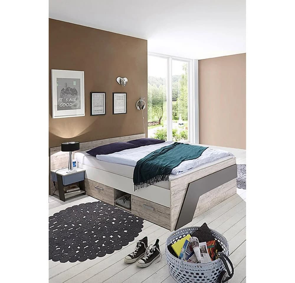 Lomadox Jugendbett LEEDS-10 Sandeiche Nb. mit weiß Lava und Denim Blau