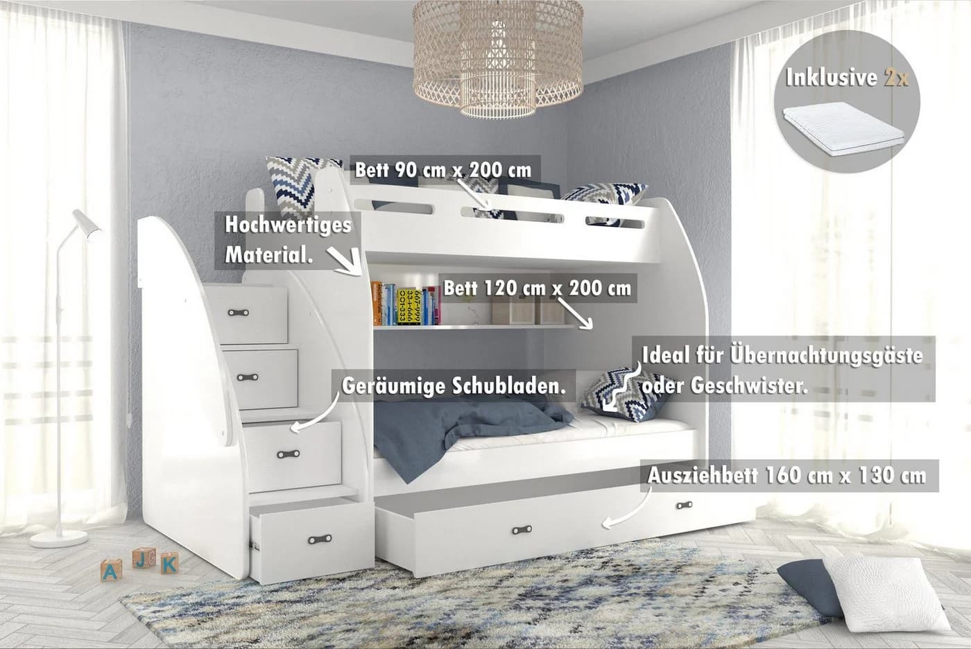 thematys Etagenbett mit Treppe und Ausziehbett Weiß