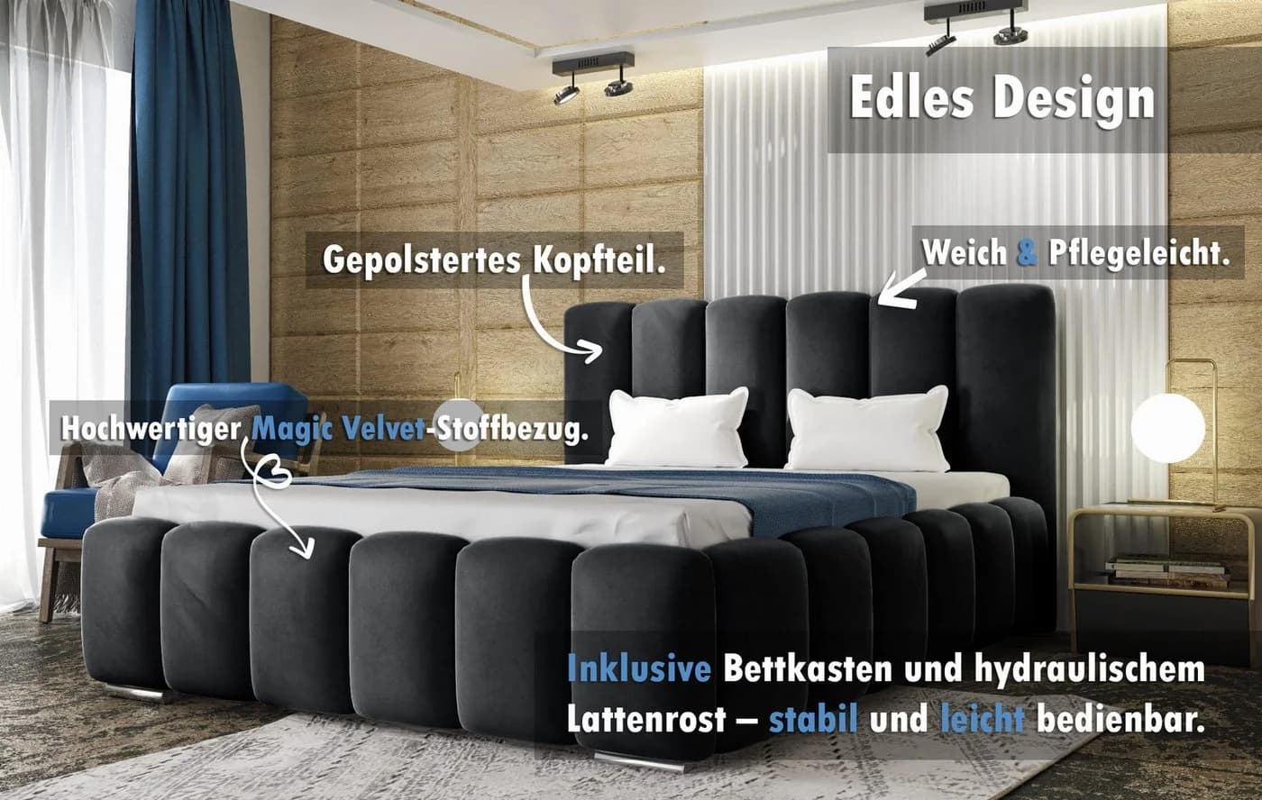thematys Polsterbett mit Bettkasten & Lattenrost Schwarz