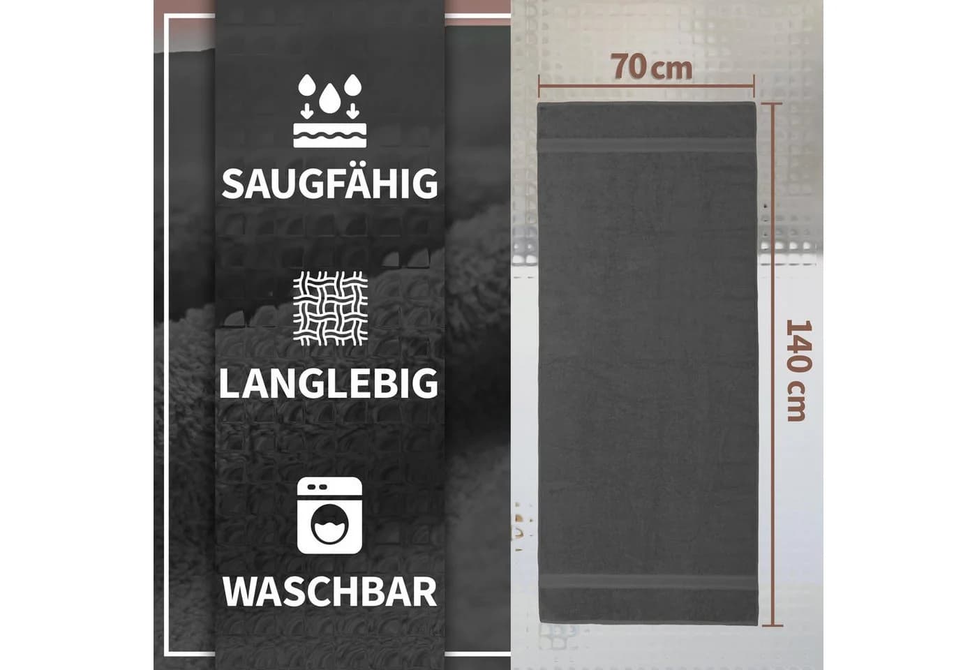NatureMark Duschtuch 2er-Set Anthrazit Grau 100% Baumwolle